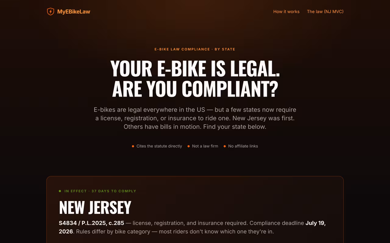 MyEBikeLaw homepage asking: your e-bike is legal, are you compliant?