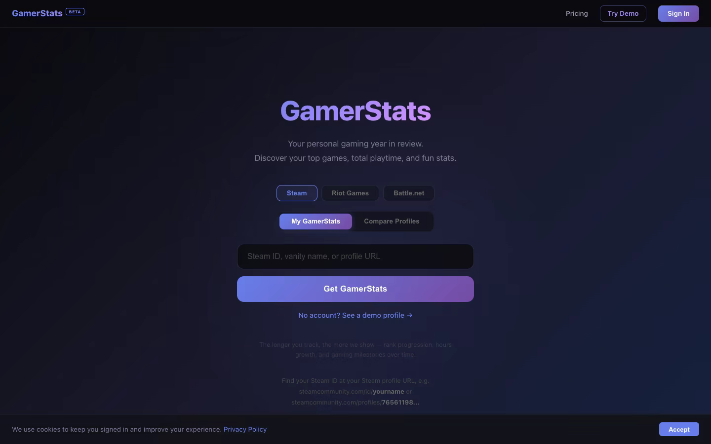 GamerStats homepage showing platform search for Steam, League of Legends, and Battle.net